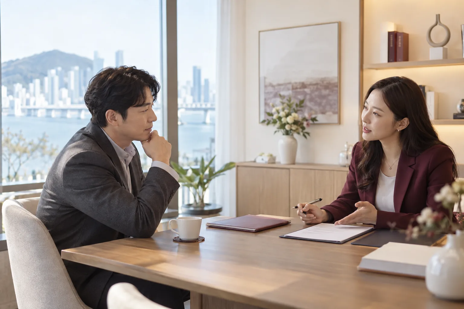 부산 국제결혼정보 상담실에서 상담사와 이야기하는 모습