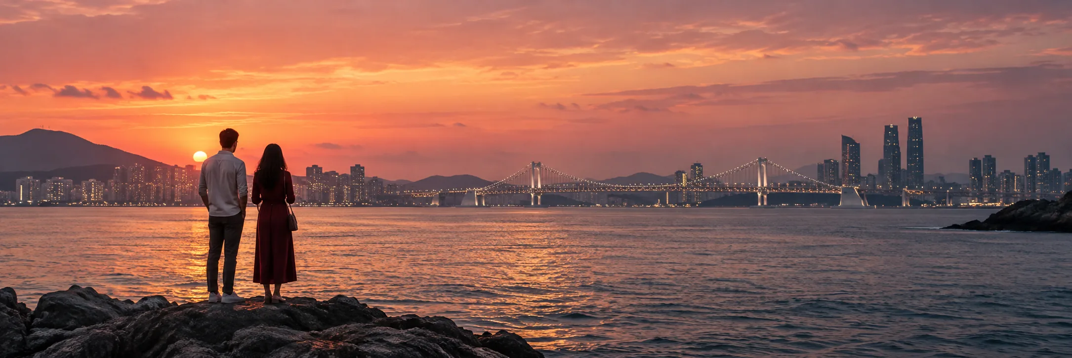 부산 해안의 노을과 광안대교를 바라보는 국제 커플