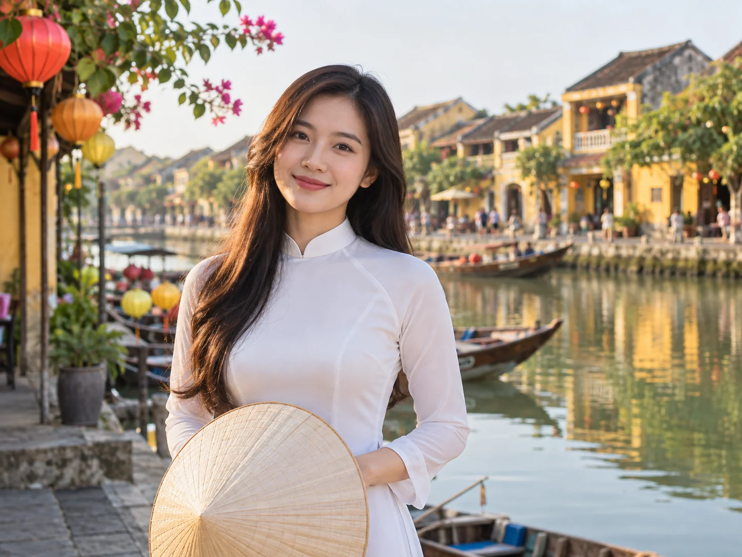 호이안 강변을 배경으로 흰 아오자이를 입은 여성의 AI 생성 이미지