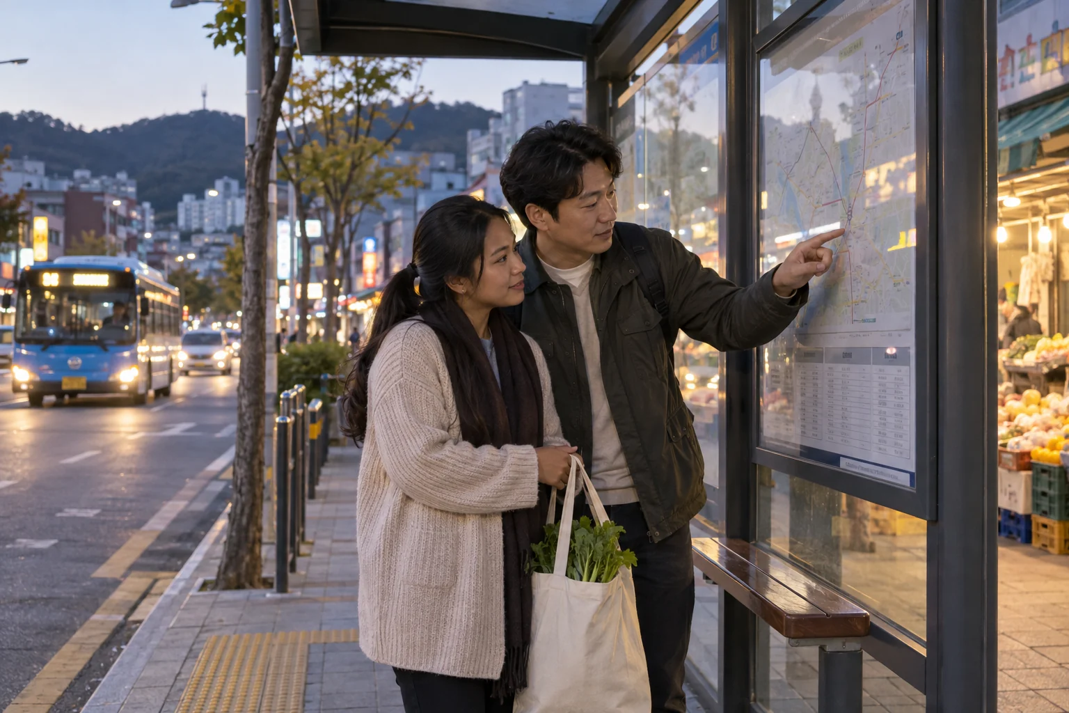 김해 시장 인근 정류장에서 이동 경로를 살펴보는 성인 커플