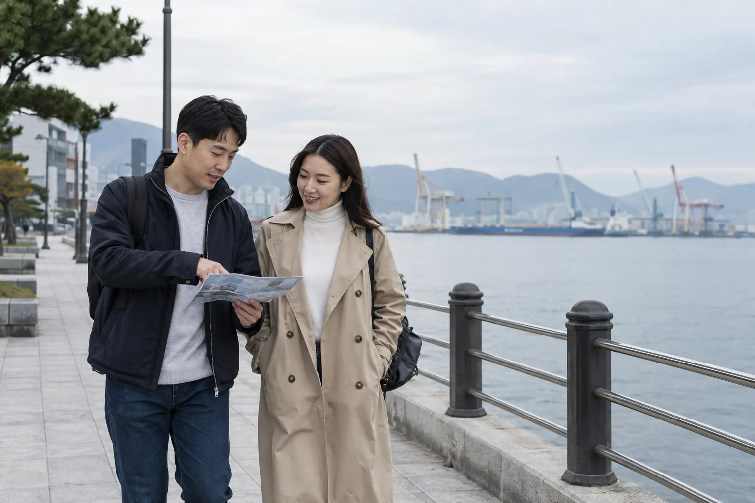 마산 항구 산책로에서 일정을 함께 살펴보는 성인 커플